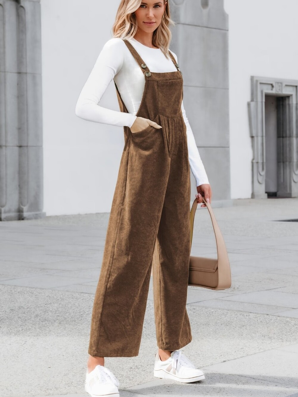 Wide-Leg Corduroy Overalls Jumpsuit in Brown Small - Picture 3 of 3